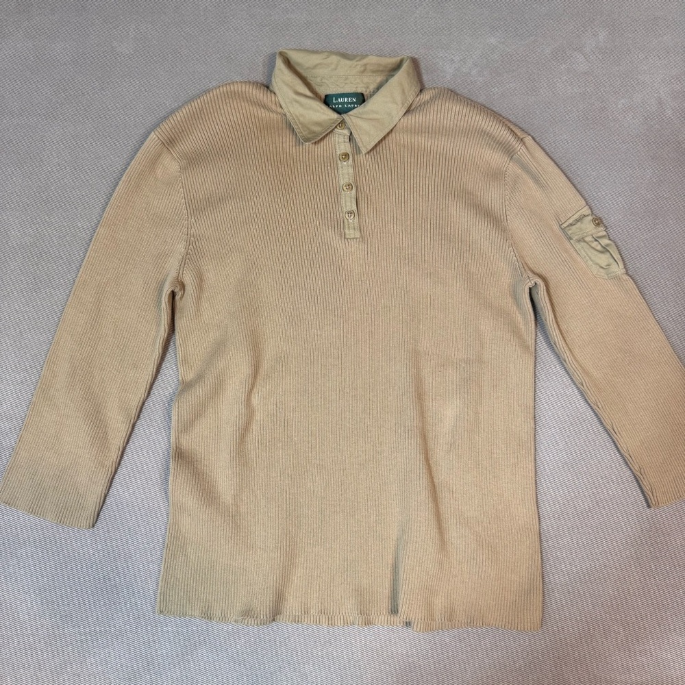Lauren Ralph Lauren Y2K Ribbed Knit Polo Henley Tan Womens XL Cargo